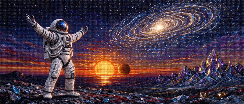 Astronaut with outstretched arms stands on an alien planet beneath a swirling spiral galaxy at sunset