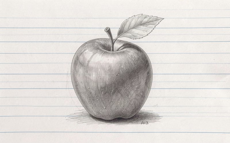 Detailed graphite pencil sketch of a fresh apple with leaf, drawn on lined notebook paper