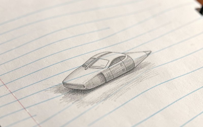 3D pencil sketch of a streamlined futuristic concept car drawn on lined notebook paper
