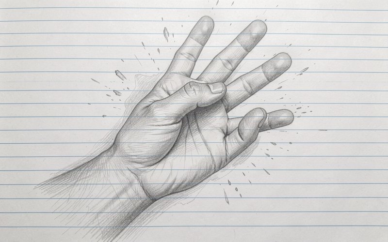 Graphite pencil sketch of an open outstretched hand with flicked water splatters on lined notebook paper