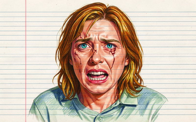 Distressed blonde woman with bloody tear streaks depicted on lined notebook paper