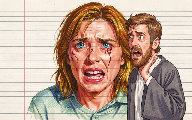 Distressed woman with bloody tears stands next to a horrified bearded man on lined notebook paper background