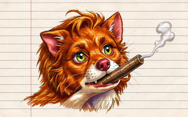 Fluffy ginger anthropomorphic cat holding a lit smoking cigar, drawn on lined notebook paper