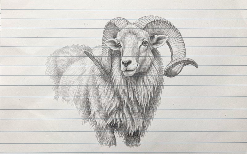 Detailed pencil sketch of a fluffy long-horned ram drawn on lined notebook paper