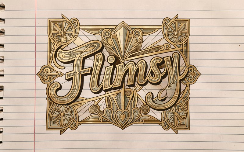 Intricate gilded art deco hand lettering spelling Flimsy on lined spiral notebook paper