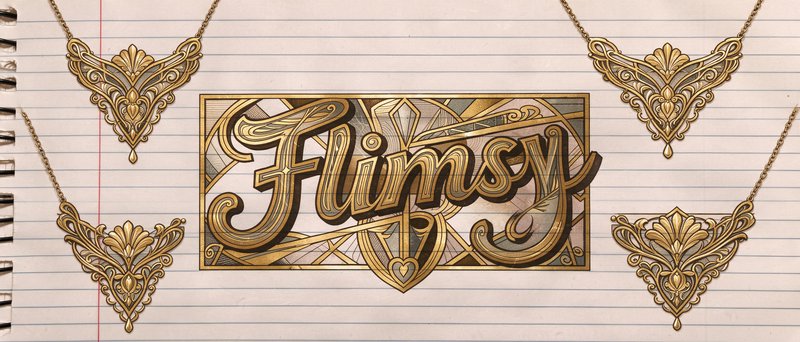 Ornate gilded "Flimsy" lettering framed by Art Nouveau necklace sketches on lined notebook paper