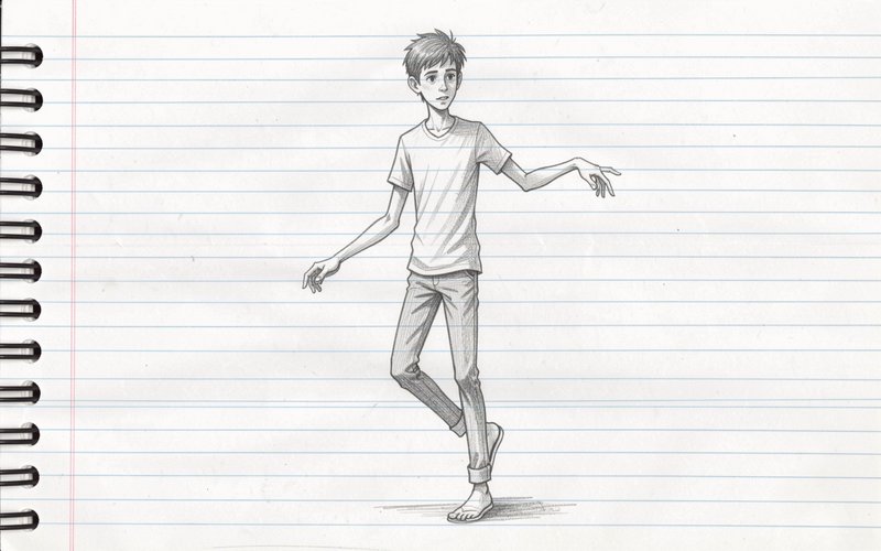 Pencil sketch of a lanky teenage boy posed casually on lined spiral notebook paper