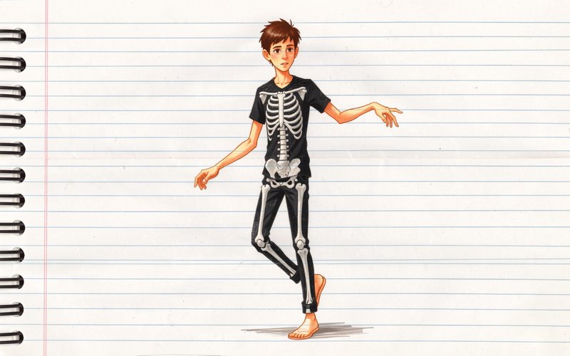 Illustrated teen boy in skeleton print clothing stands casually on lined spiral notebook paper