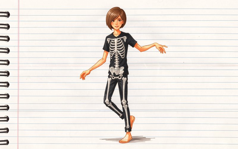 Anime style young person in skeleton print clothing posing on a lined spiral notebook page