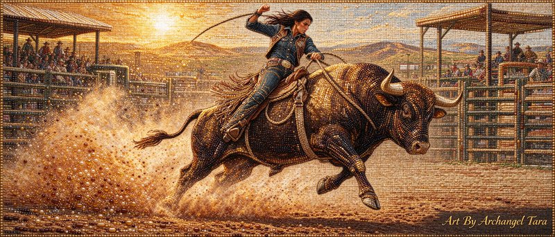 Female bull rider grips a bucking bull mid-ride at a sunlit outdoor rodeo arena