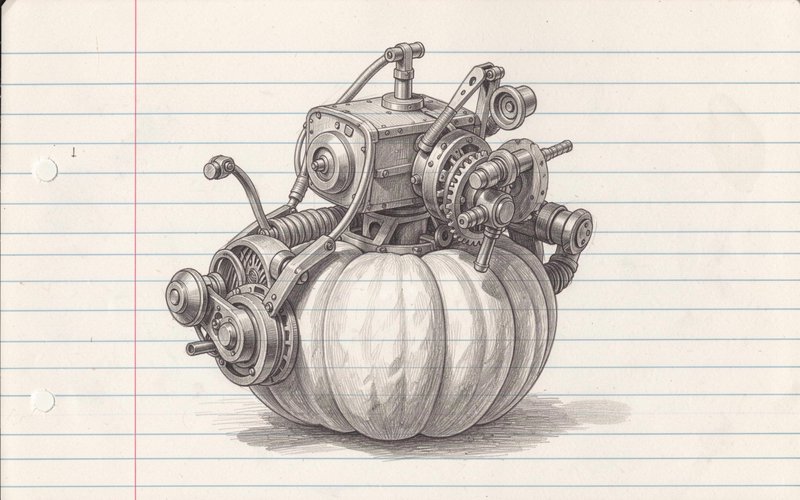 Detailed pencil sketch of a steampunk mechanical engine mounted to a pumpkin on lined notebook paper