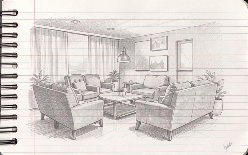 Hand-drawn pencil perspective sketch of a modern furnished living room on lined spiral notebook paper