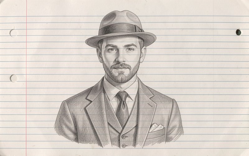 Detailed pencil sketch portrait of a bearded man in a fedora and vintage suit on lined notebook paper