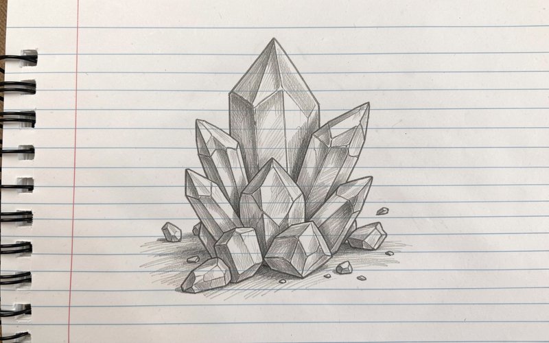 Hand drawn pencil sketch of a faceted quartz crystal cluster on lined spiral notebook paper