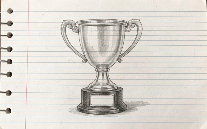 Detailed hand-drawn pencil sketch of an ornate two-handled championship trophy on lined notebook paper