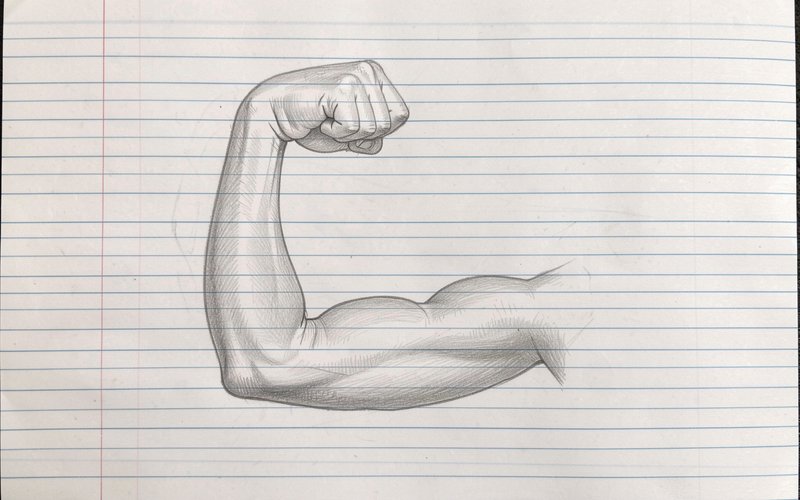 Graphite pencil sketch of a flexed muscular arm showing off a defined bicep on lined notebook paper