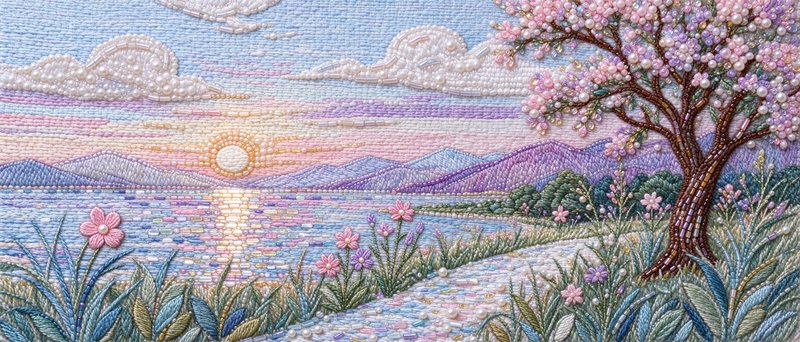 Intricate beaded embroidery landscape of a pastel sunset lake with a blooming cherry blossom tree