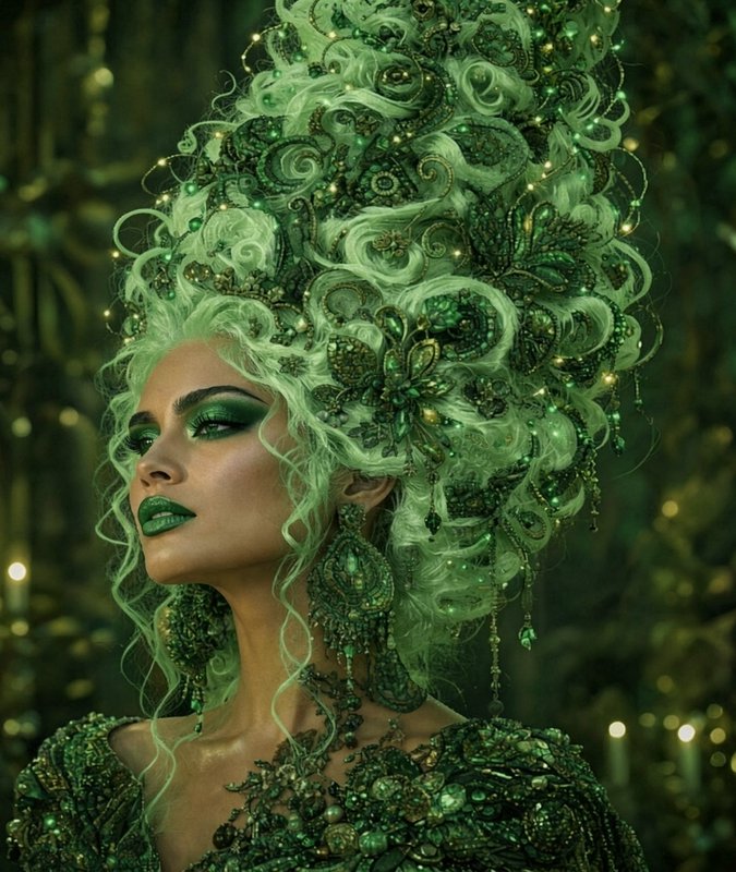 Regal fantasy woman with elaborate green rococo updo and matching emerald beauty styling
