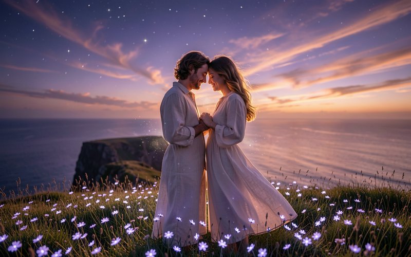 Smiling couple touching foreheads while holding hands on a flowered coastal cliff at starry twilight