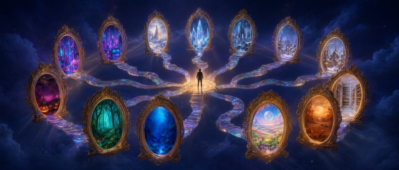 Silhouetted person stands at a glowing nexus of ornate mirror portals leading to distinct fantasy worlds