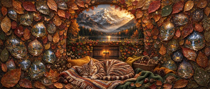 Sleeping tabby cat curled on a woven blanket framed by autumn leaves overlooking a snowy mountain lake at sunset
