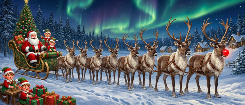 Santa Claus sits in his ornate sleigh with reindeer, elves, and gifts beneath northern lights ove...