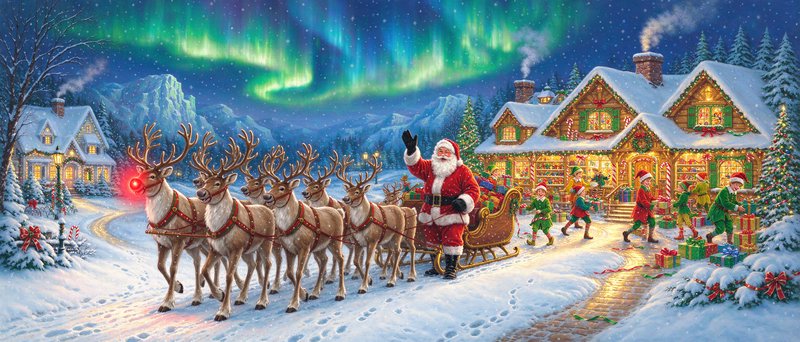 Santa waves beside his reindeer team outside his festive North Pole workshop under glowing northe...