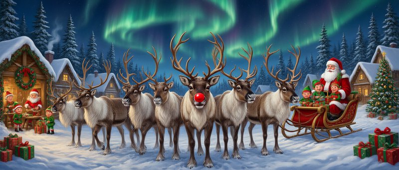 Rudolph the red-nosed reindeer leads Santa's reindeer team in a snowy North Pole village under gl...
