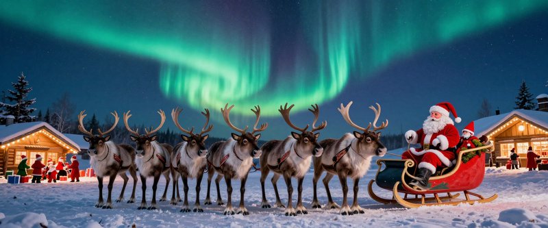 Santa Claus sits in his red sleigh hitched to reindeer beneath glowing aurora borealis in a snowy...