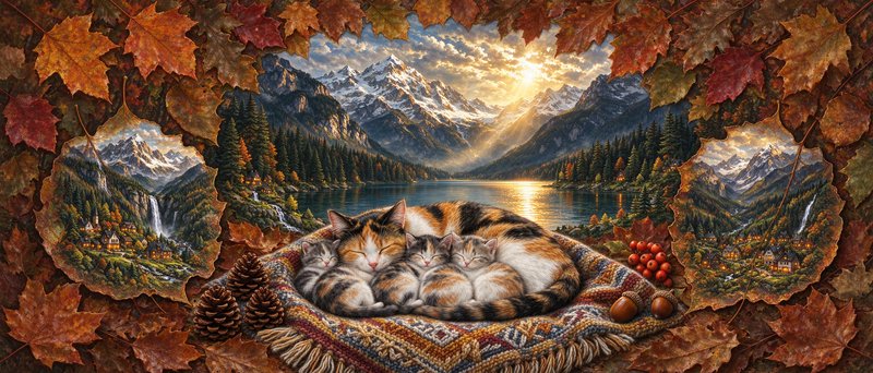 Sleeping calico mother cat curled with her tiny kittens framed by autumn leaves and alpine mounta...