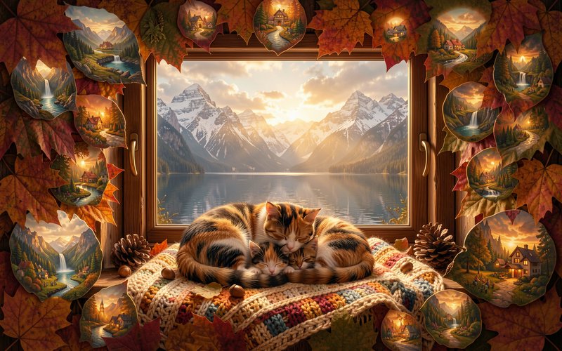 Calico mother cat curled asleep with her kittens on a windowsill overlooking a sunset mountain lake