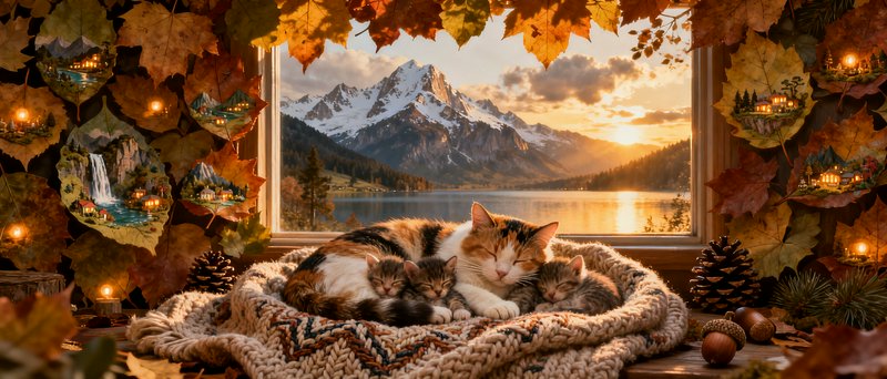 Calico mother cat sleeps with her three tiny tabby kittens on a knit blanket by a sunset mountain...