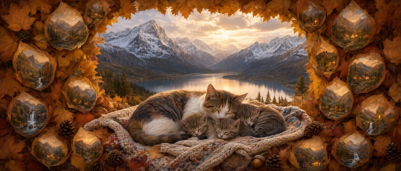 Mother tabby cat and her three tiny kittens sleep curled on a knit blanket framed by autumn leave...