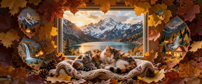 Calico mother cat and sleeping kittens rest on a knit blanket framed by fall leaves with a mountain lake sunset view out the