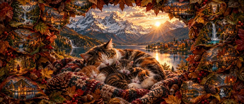 Mother calico cat and sleeping kittens curled on a knit blanket framed by autumn leaves against an alpine lake sunset