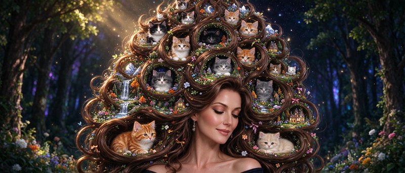 Serene woman with elaborate curly hair holding tiny kittens in miniature enchanted landscape dioramas