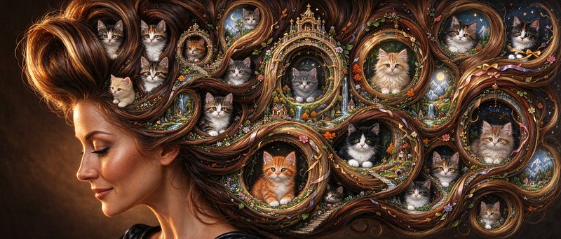 Surreal side profile portrait of a woman whose elaborate curled hair holds dozens of tiny kittens...