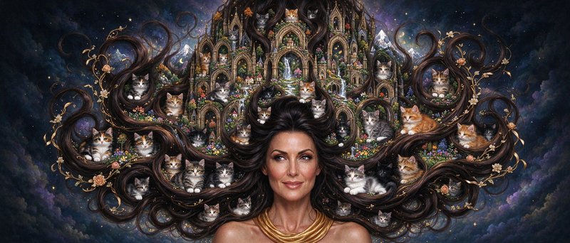 Smiling woman with swirling hair that forms a magical fairy castle full of tiny kittens