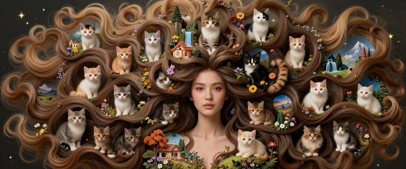 Surreal portrait of a woman with swirling long hair filled with kittens, wildflowers, and tiny fa...