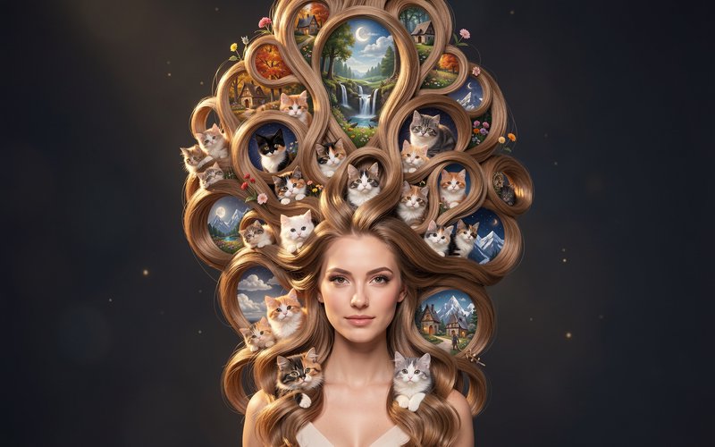 Surreal portrait of a woman with elaborate swirling hair dotted with kittens and tiny fantasy lan...