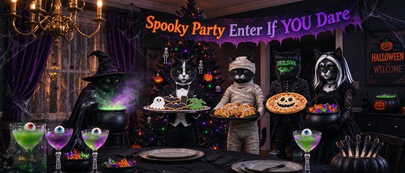Costumed anthropomorphic cats serve Halloween snacks at a spooky decorated indoor party