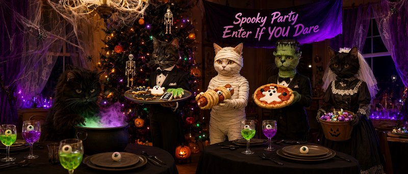 Anthropomorphic cats in Halloween costumes serve themed treats at a cozy haunted house party