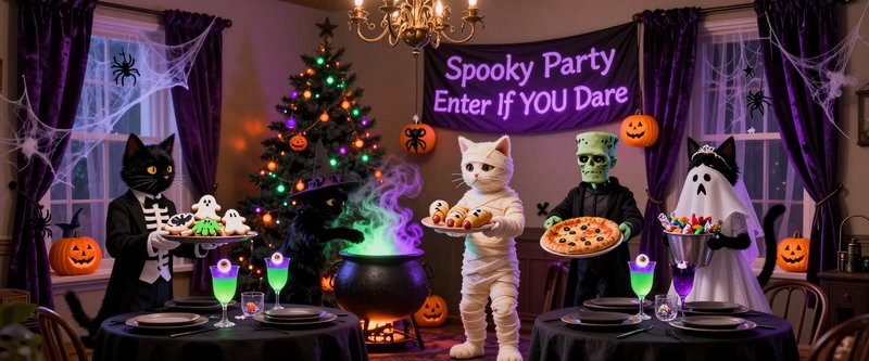 Anthropomorphic costumed cats serve spooky snacks at a decorated indoor Halloween party