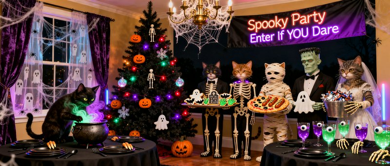 Whimsical Halloween house party with costumed cat characters, spooky decor, and festive themed fo...
