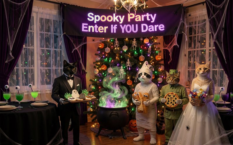 Four costumed anthropomorphic cats host a whimsical indoor Halloween party with festive spooky de...