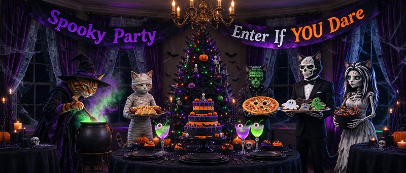 Costumed anthropomorphic cats host a festive spooky Halloween party with themed treats and haunte...