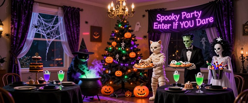 Whimsical Halloween house party scene with costumed characters, themed treats, and spooky festive...