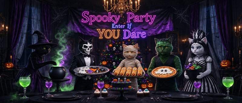 Costumed anthropomorphic cats host a spooky Halloween party with themed treats and glowing neon s...