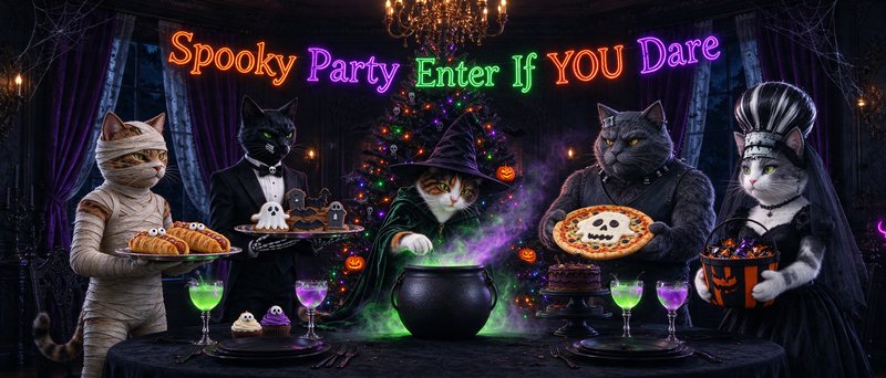 Anthropomorphic cats in Halloween costumes host a spooky feast with themed snacks and glowing par...