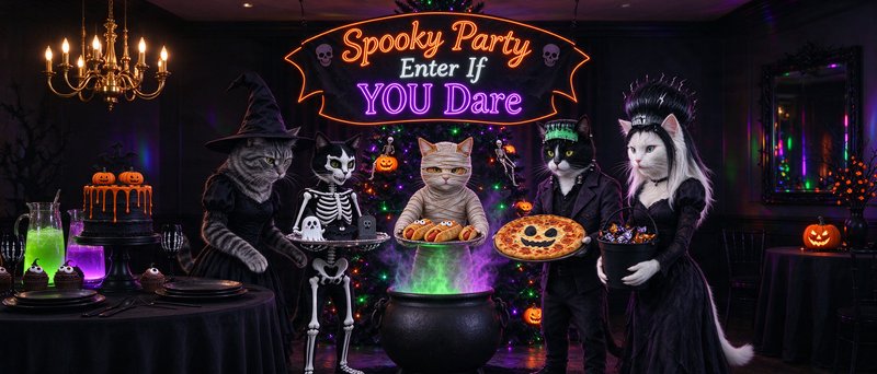 Anthropomorphic cats in Halloween costumes host a spooky party with themed food and neon signage